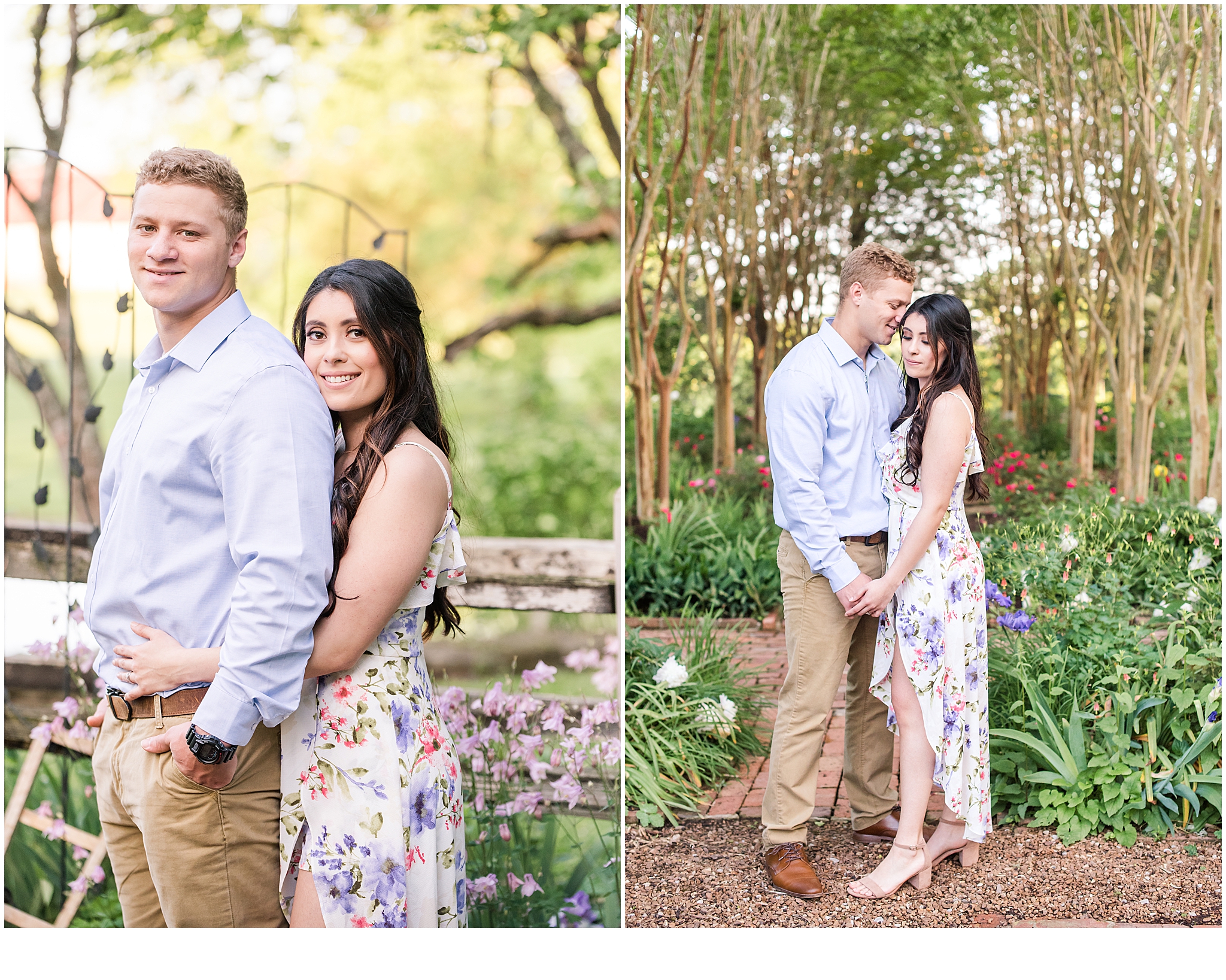 Couple in a garden during their garden engagement session. Neely Roberts Photography