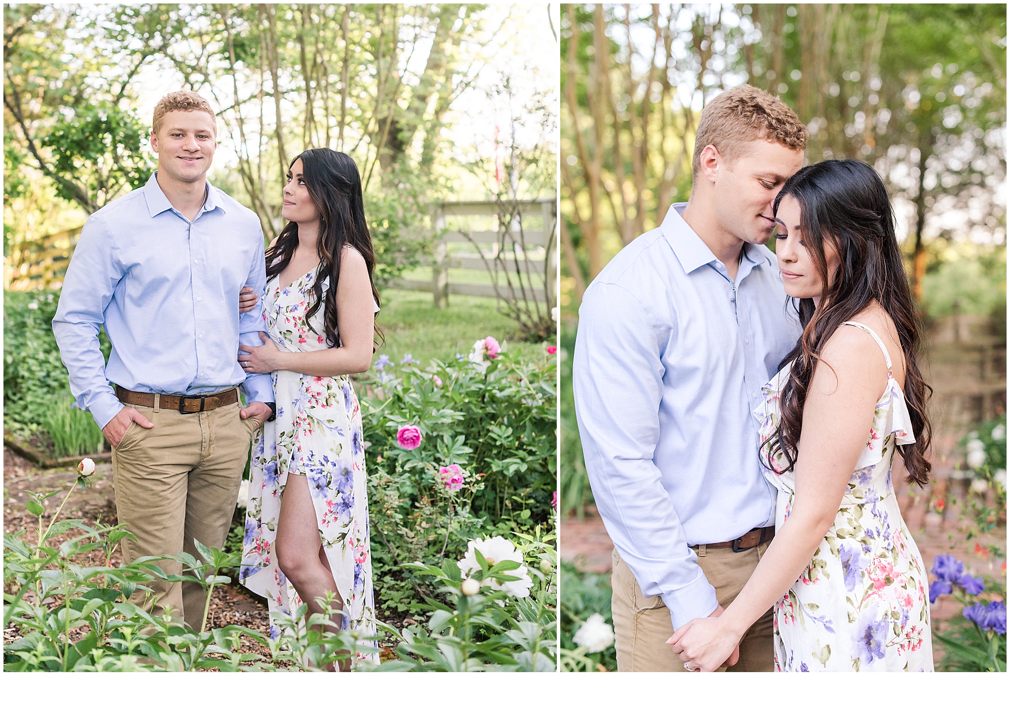 Couple walking through a garden during their garden engagement session. Neely Roberts Photography