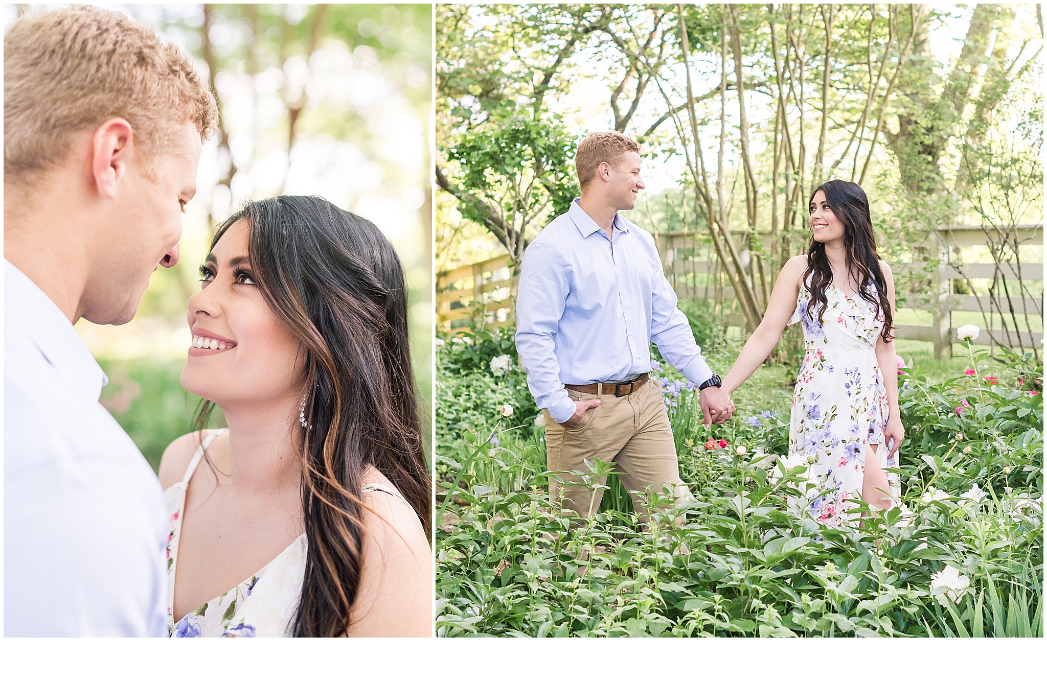 Couple walking through a garden during their garden engagement session. Neely Roberts Photography