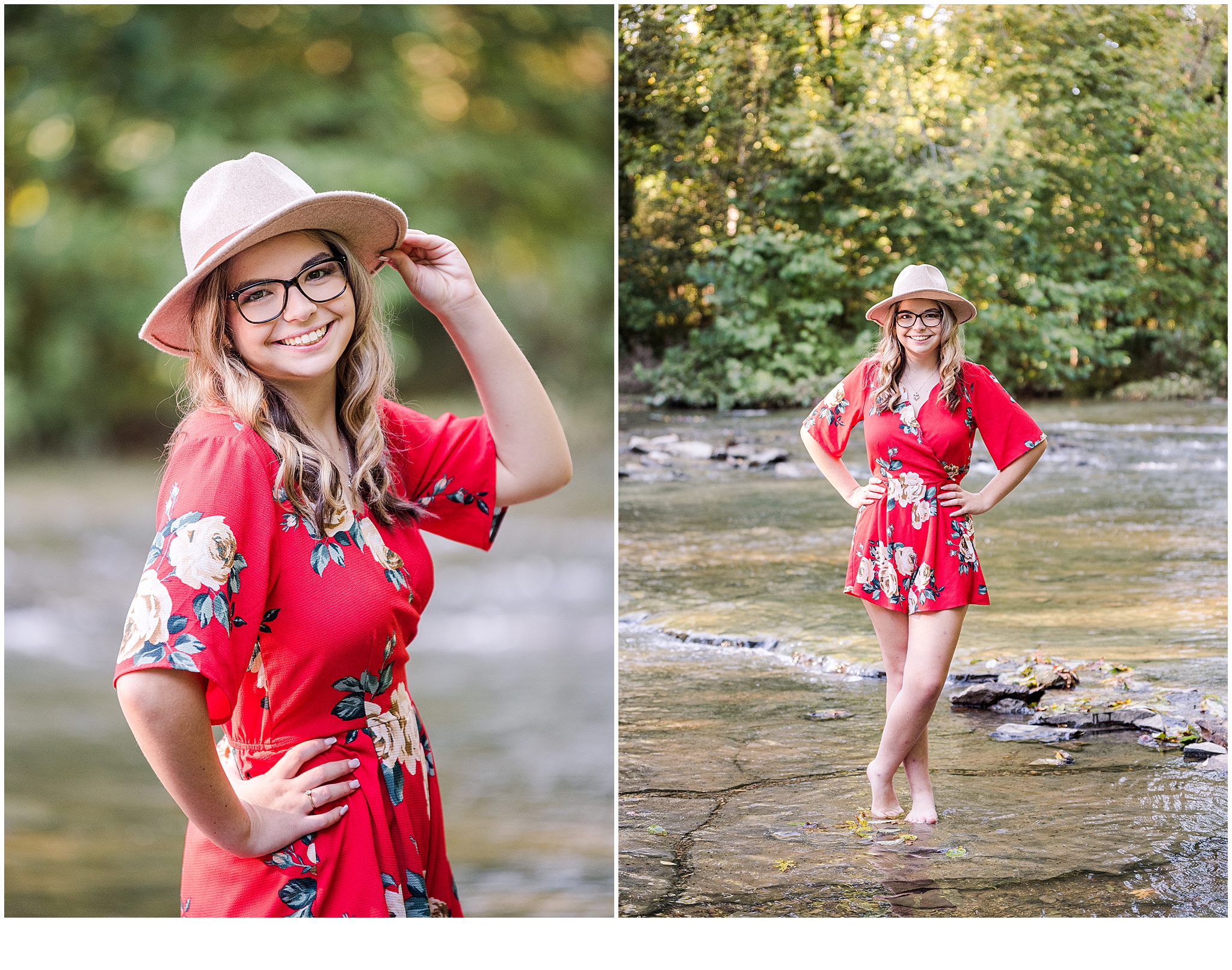 Senior girl smiling as she dips her toes in the creek during her Hendersonville senior photos.