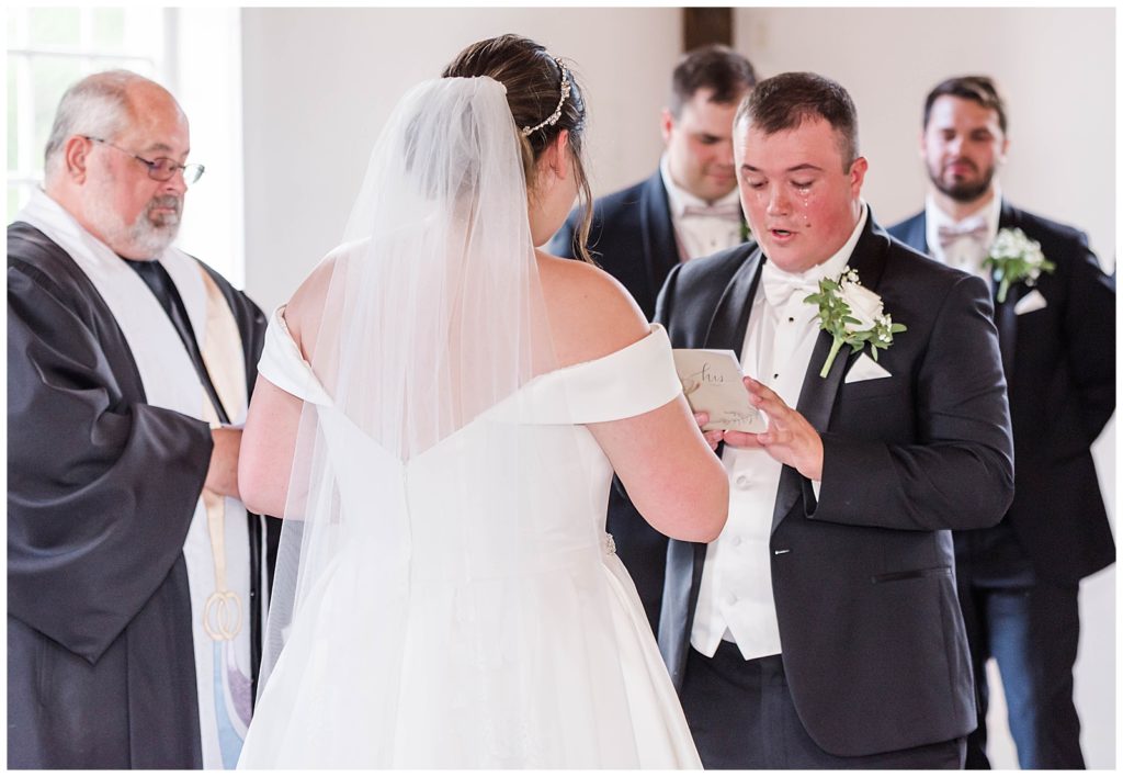 Groom crying reading his vows. King's Chapel, Arrington, TN- Neely Roberts Photography