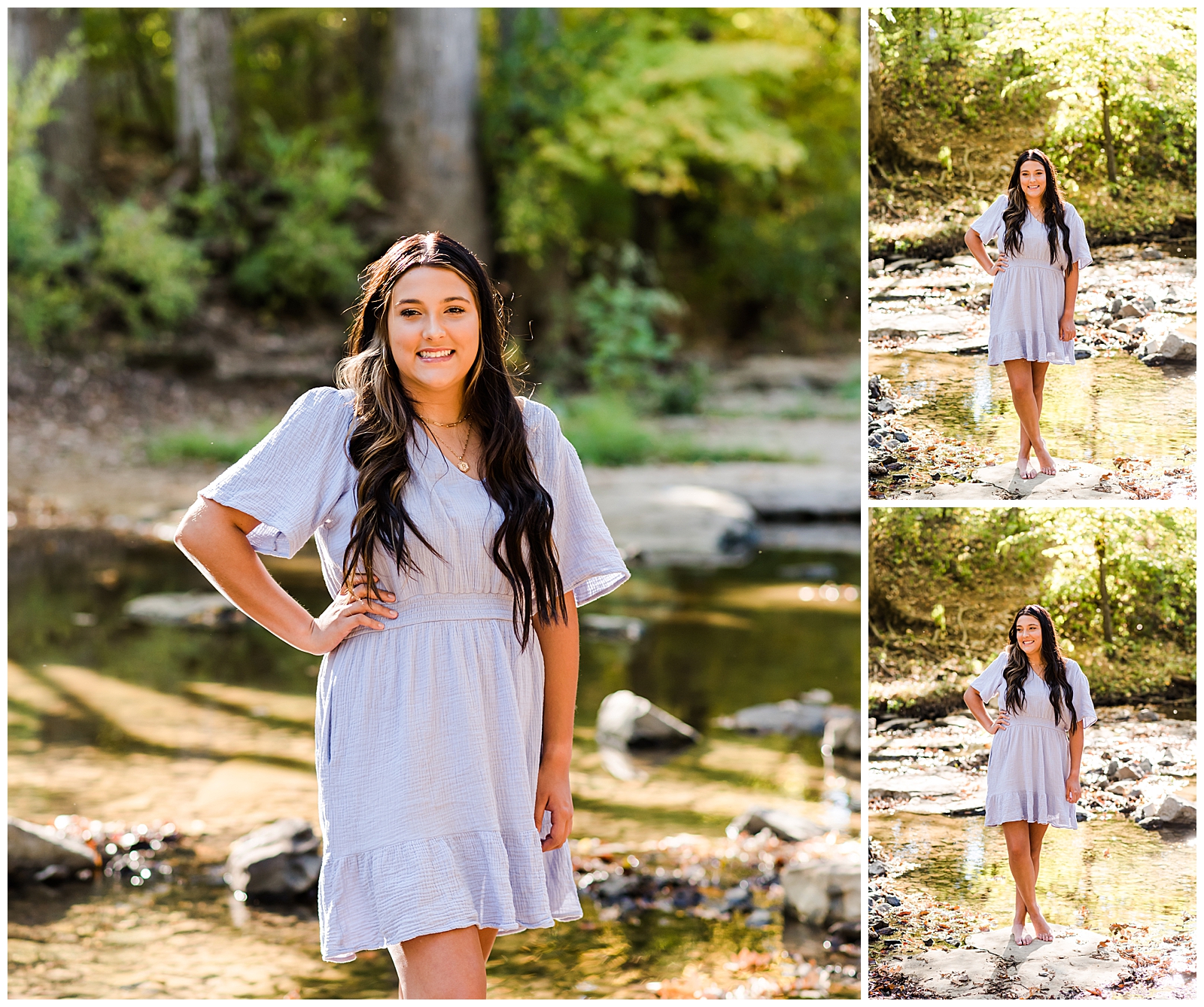 High school senior girl wearing a lavender-colored dress, standing in the creek in Hendersonville, TN.