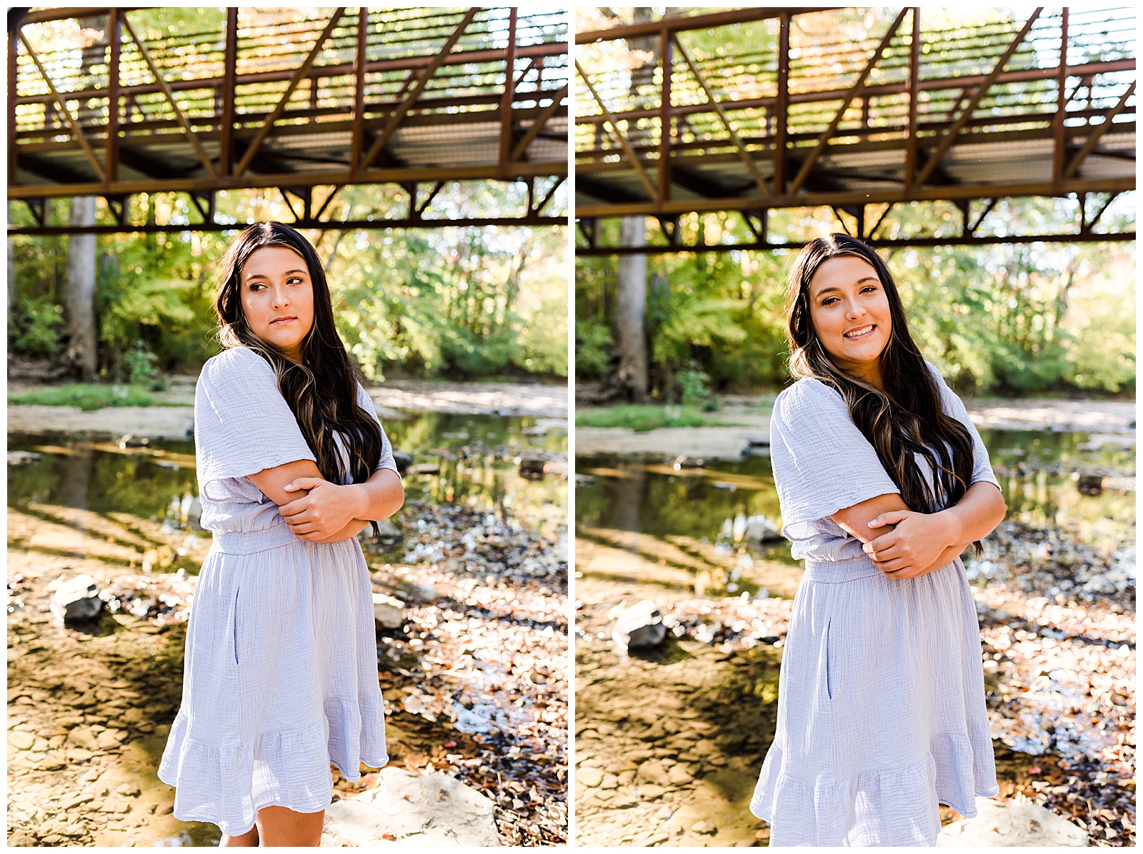 High school senior girl wearing a lavender-colored dress, standing in the creek in Hendersonville, TN.