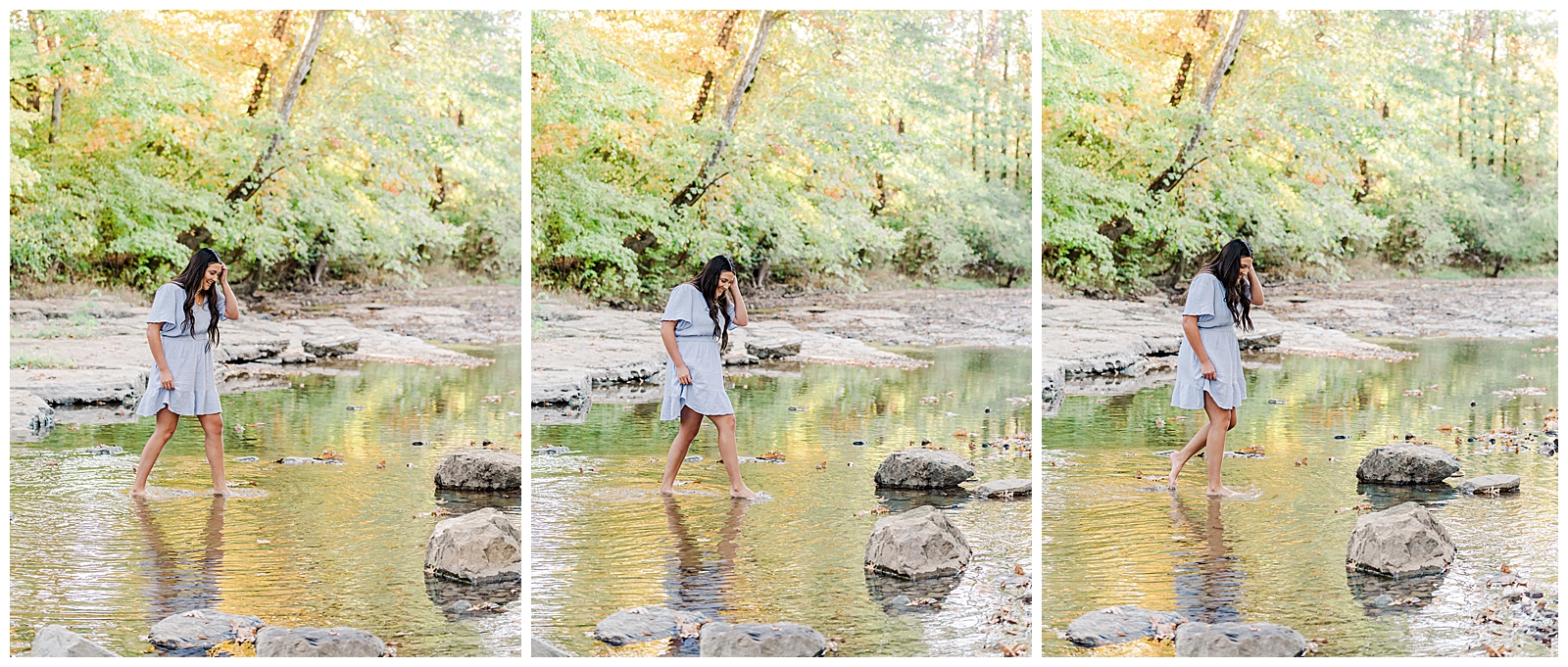 High school senior girl wearing a lavender-colored dress, walking through a creek in Hendersonville, TN