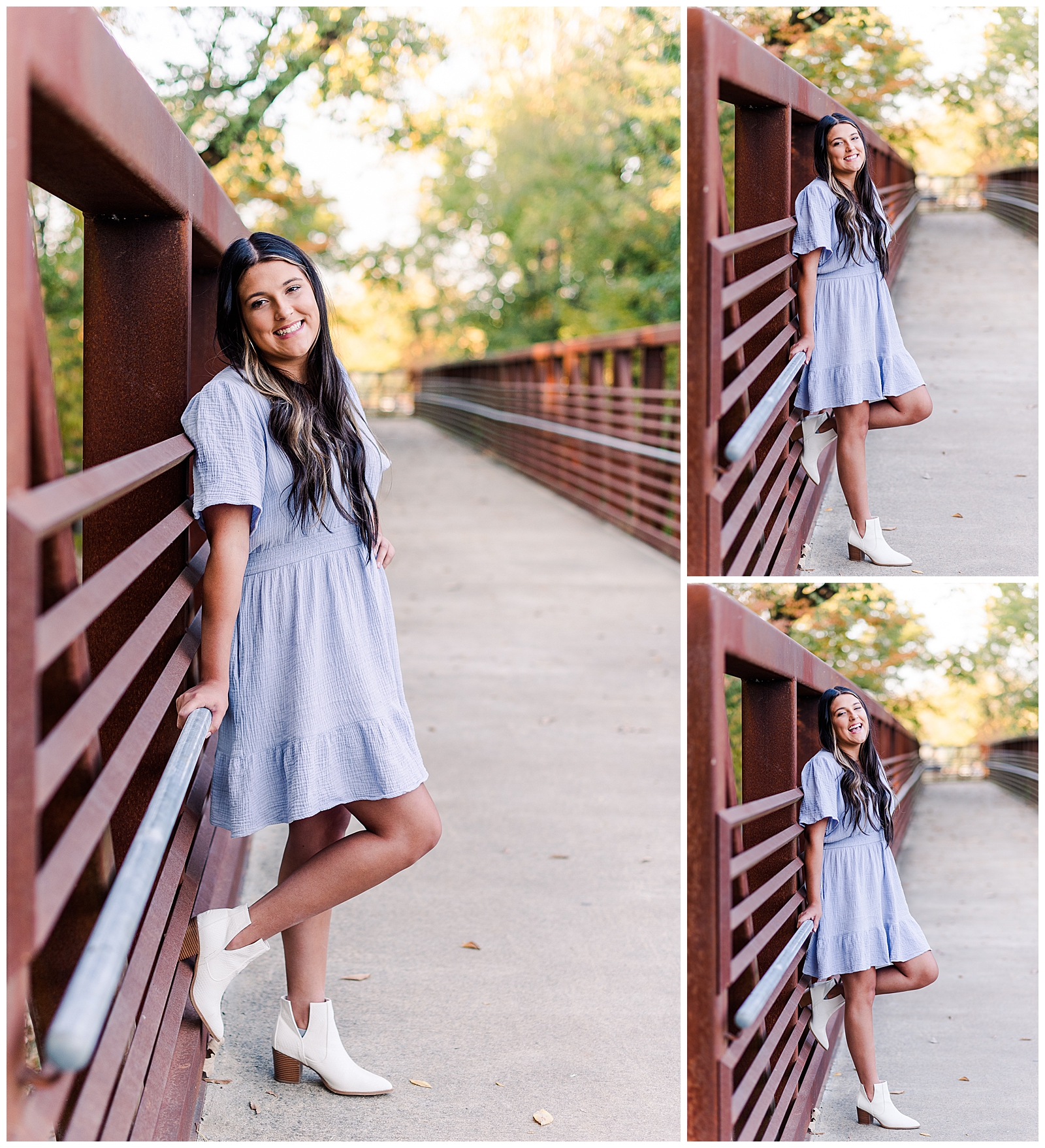 High school senior girl wearing a lavender-colored dress, standing on a bridge.