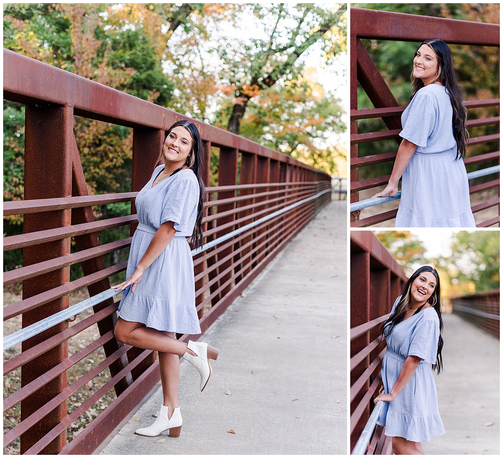 High school senior girl wearing a lavender-colored dress, standing on a bridge.