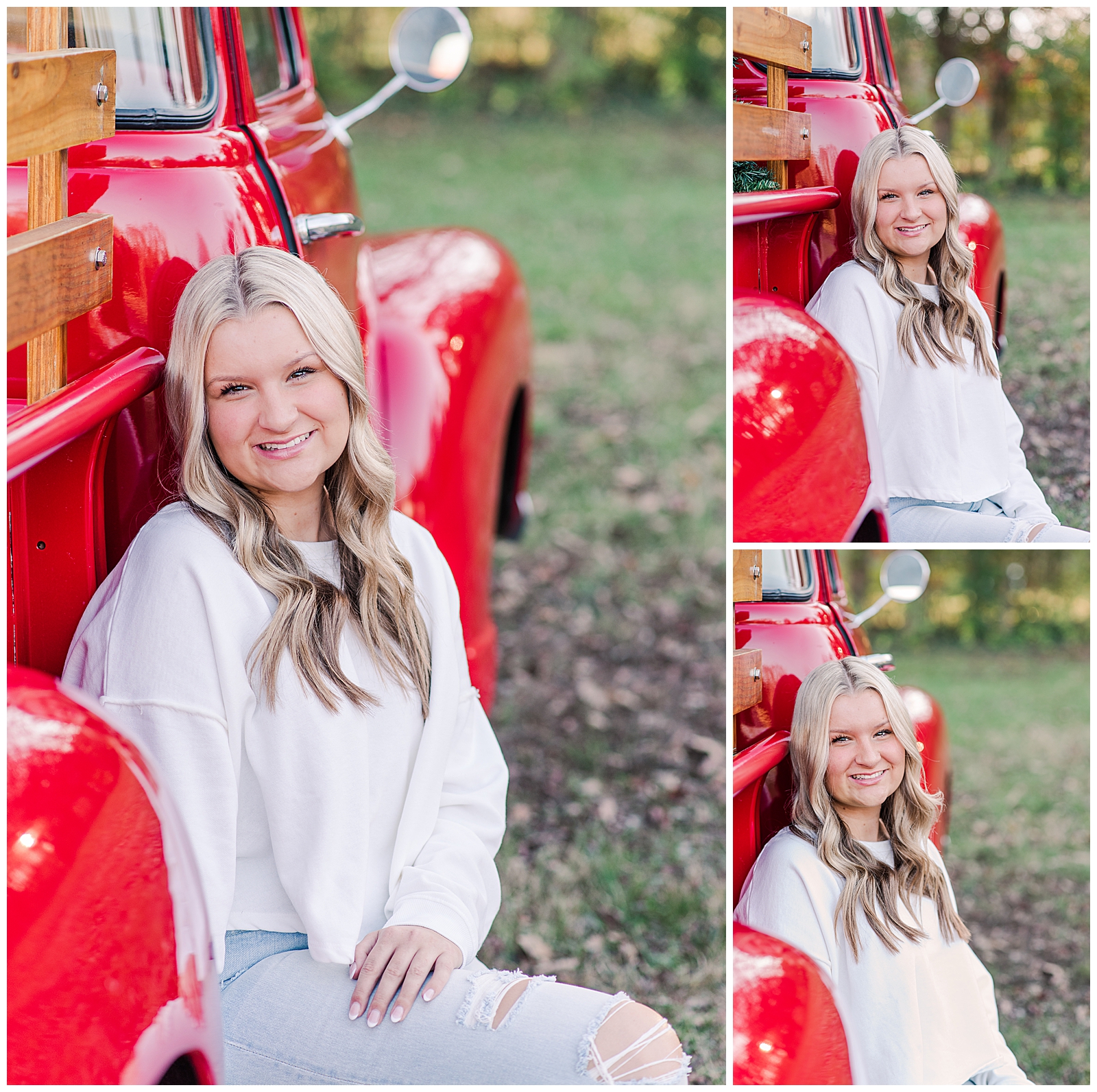 High school senior girl, leaning against a vintage red truck in Mt. Juliet, TN