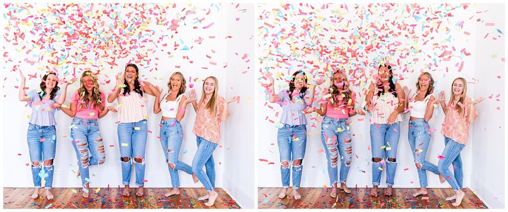 High school senior spokesmodels laugh and dance as confetti cannons explode, shooting confetti everywhere.
