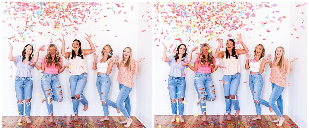 High school senior spokesmodels laugh and dance as confetti cannons explode, shooting confetti everywhere.