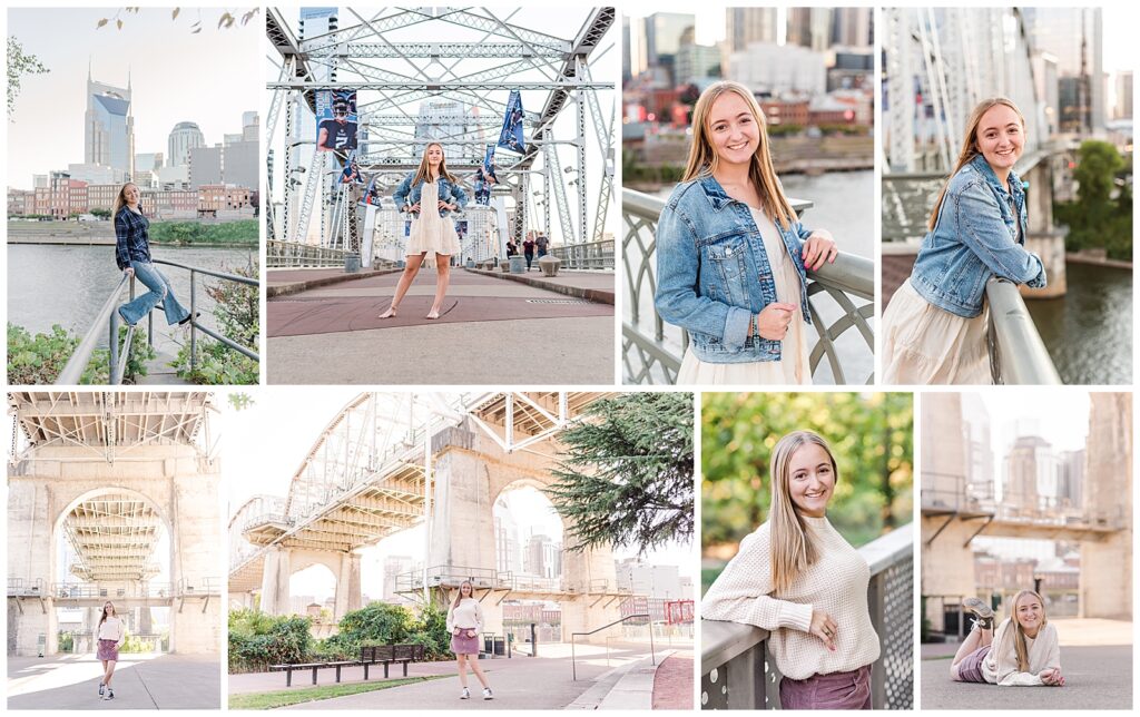 High school senior girl taking photos on the Pedestrian Bridge in Nashville, TN.