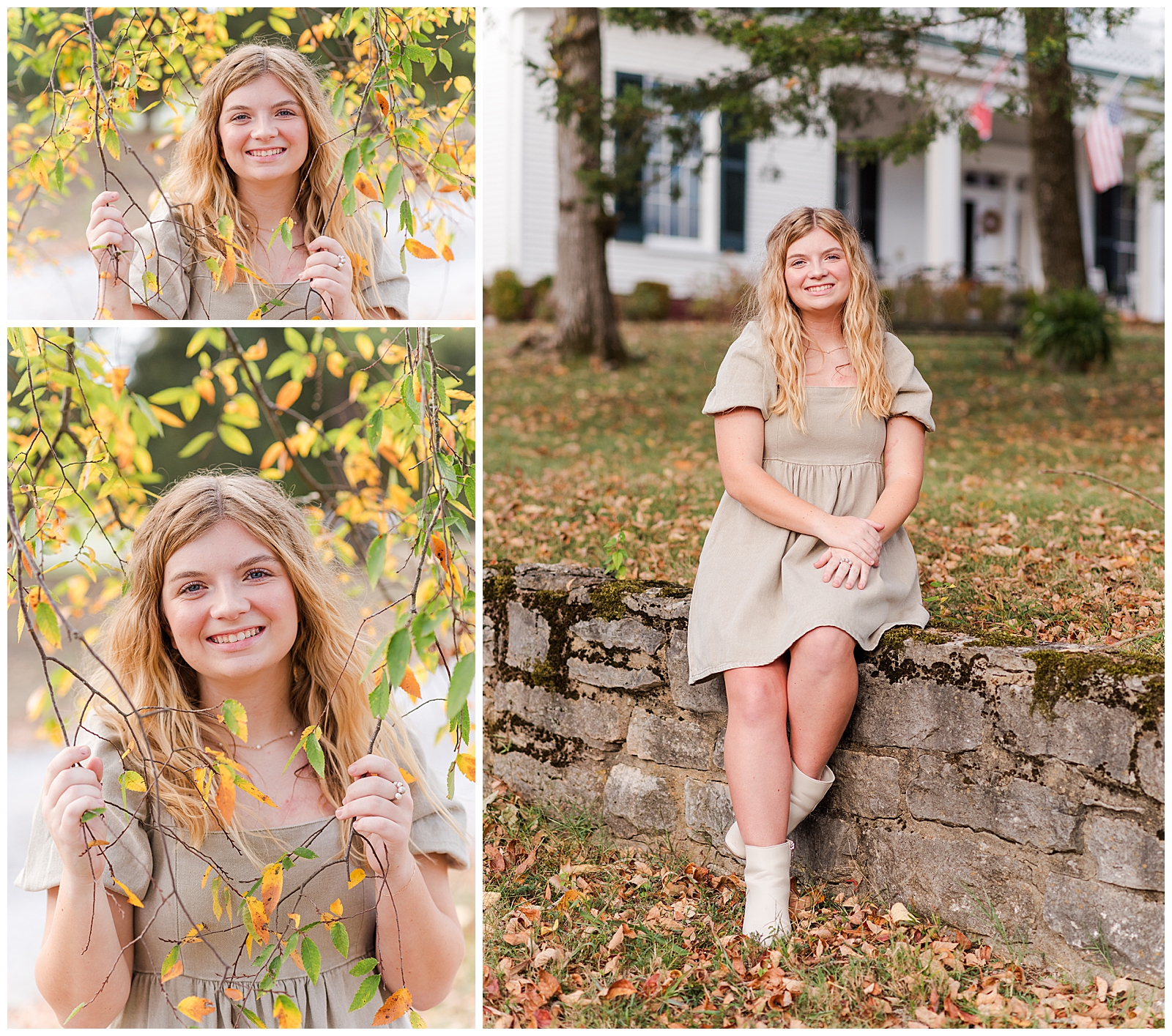 Nashville girl wearing a khaki dress, in the colored leaves and sitting on a stone wall,  during her Equine Senior Session.