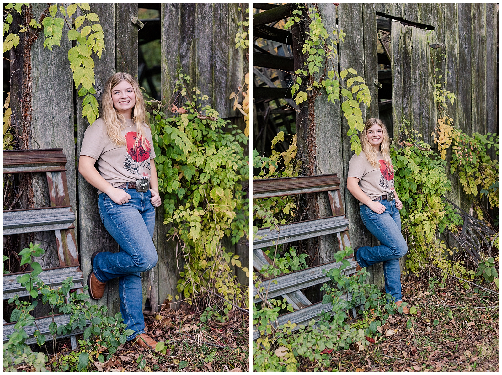 Nashville senior girl, wearing boots and jeans, leaning against a run-down barn.
