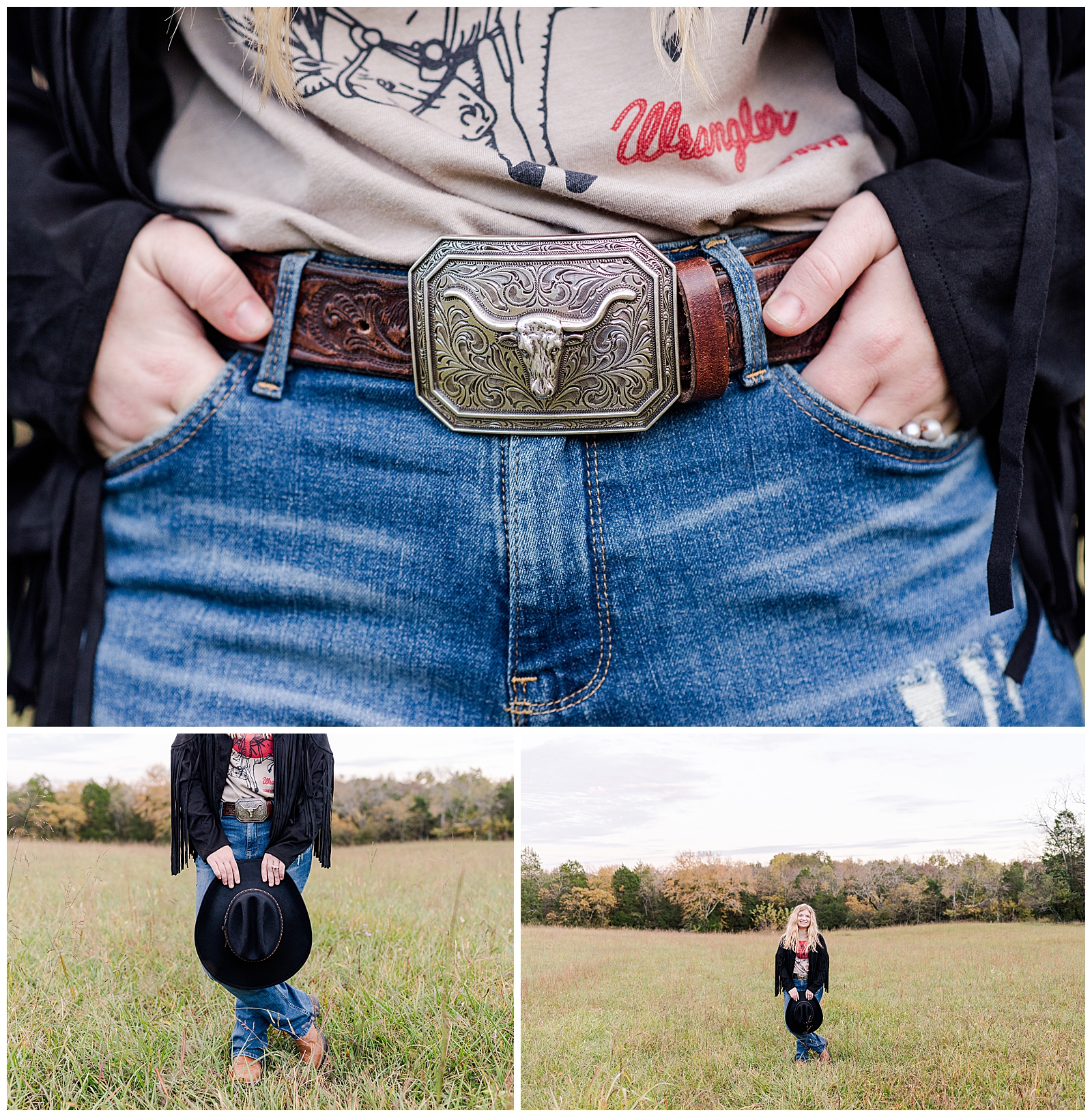 Nashville senior girl, wearing a black cowgirl hat, boots, and jeans, standing in an open field.