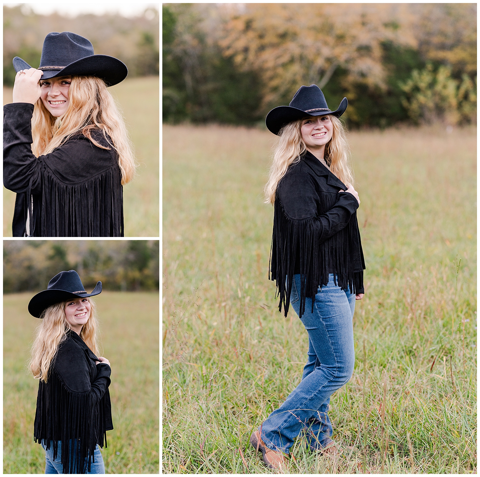 Nashville senior girl, wearing a black cowgirl hat, boots, jeans, and a black fringe jacket, standing in an open field.