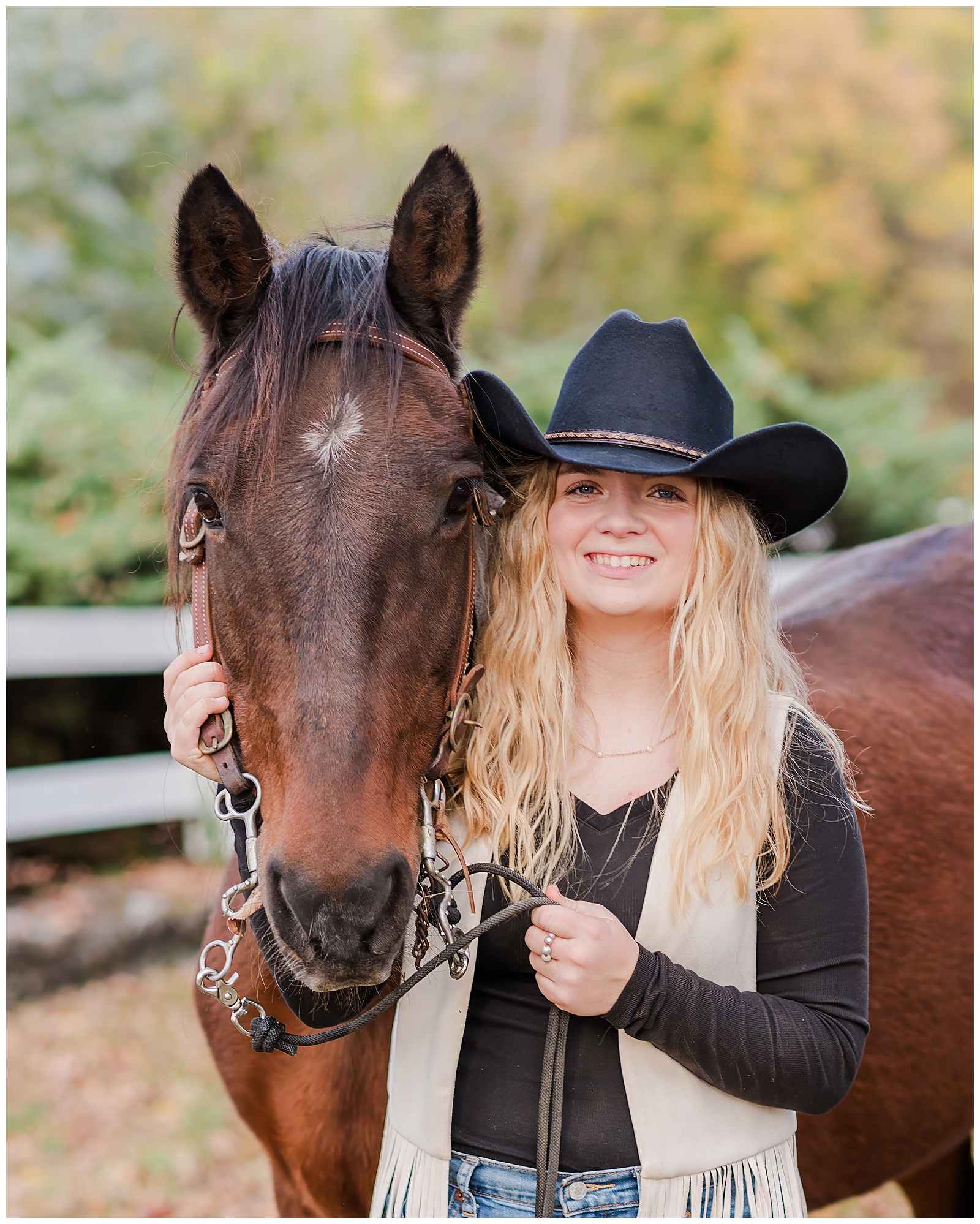 Nashville girl wearing a black cowgirl hat, standing next to a horse during her Equine Senior Session.