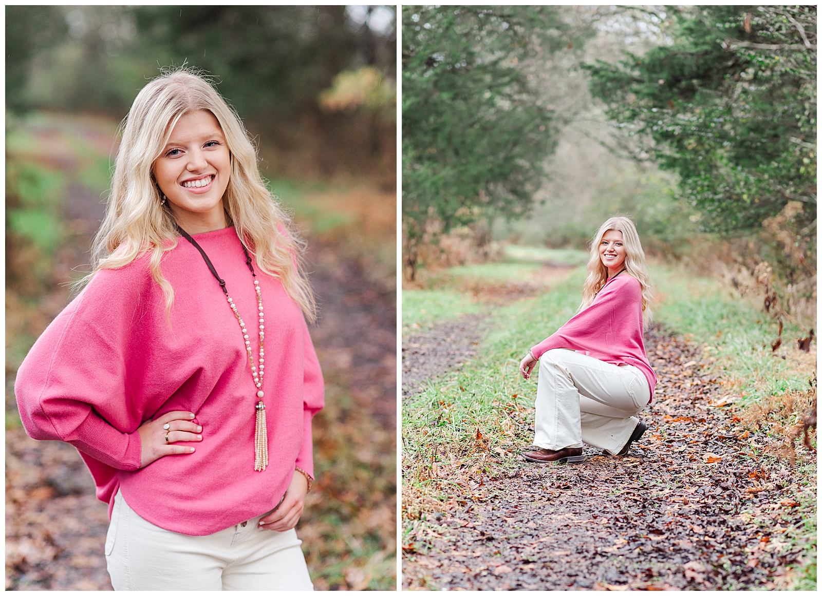 High school senior girl wearing a bright pink sweater and white pants, outside for her private farm and lake senior session.