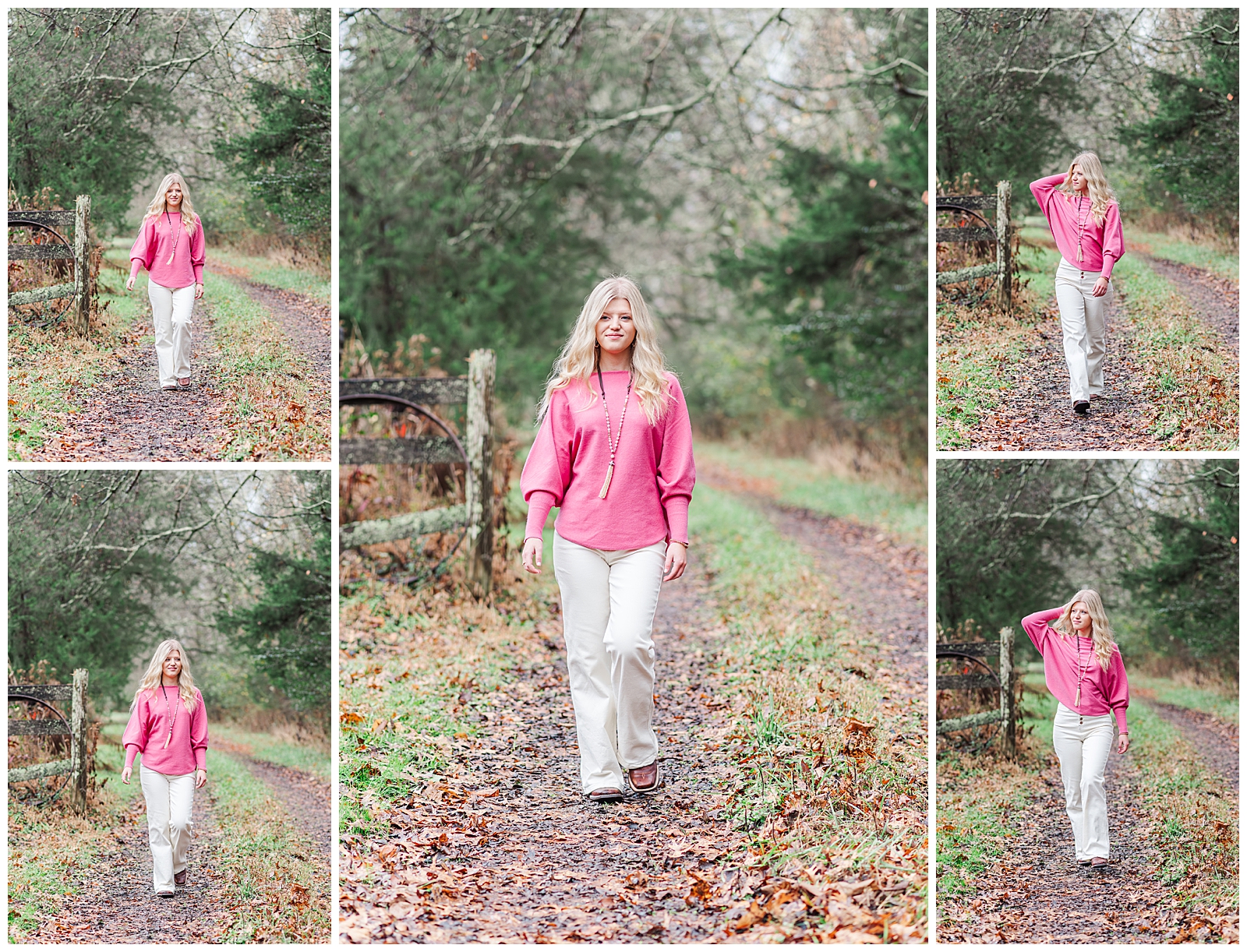 High school senior girl wearing a bright pink sweater and white pants, walking outside for her private farm and lake senior session.