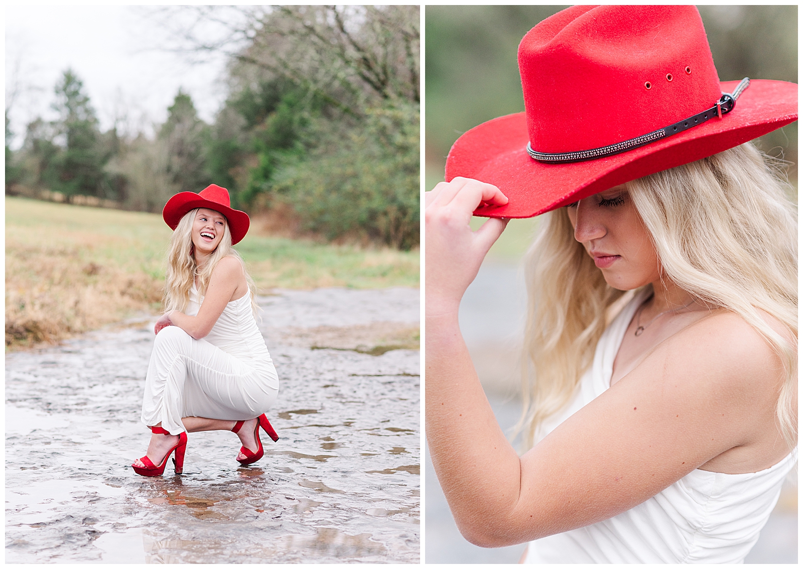 High school senior girl wearing a white dress, a red cowboy hat, and red shoes, in a dry creek bed for her private farm and lake senior session.