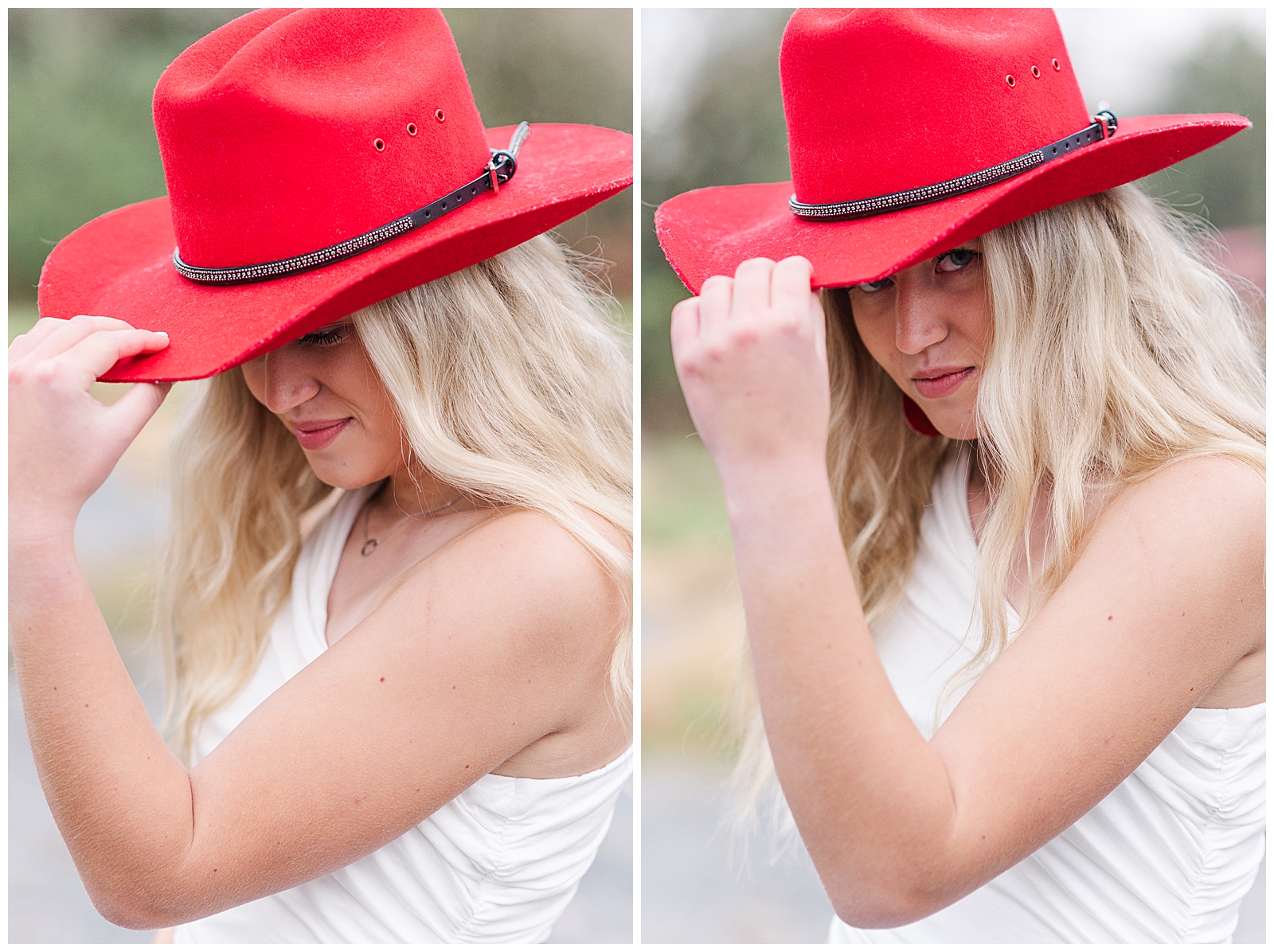High school senior girl wearing a white dress, a red cowboy hat, and red shoes, standing in a dry creek bed for her private farm and lake senior session.