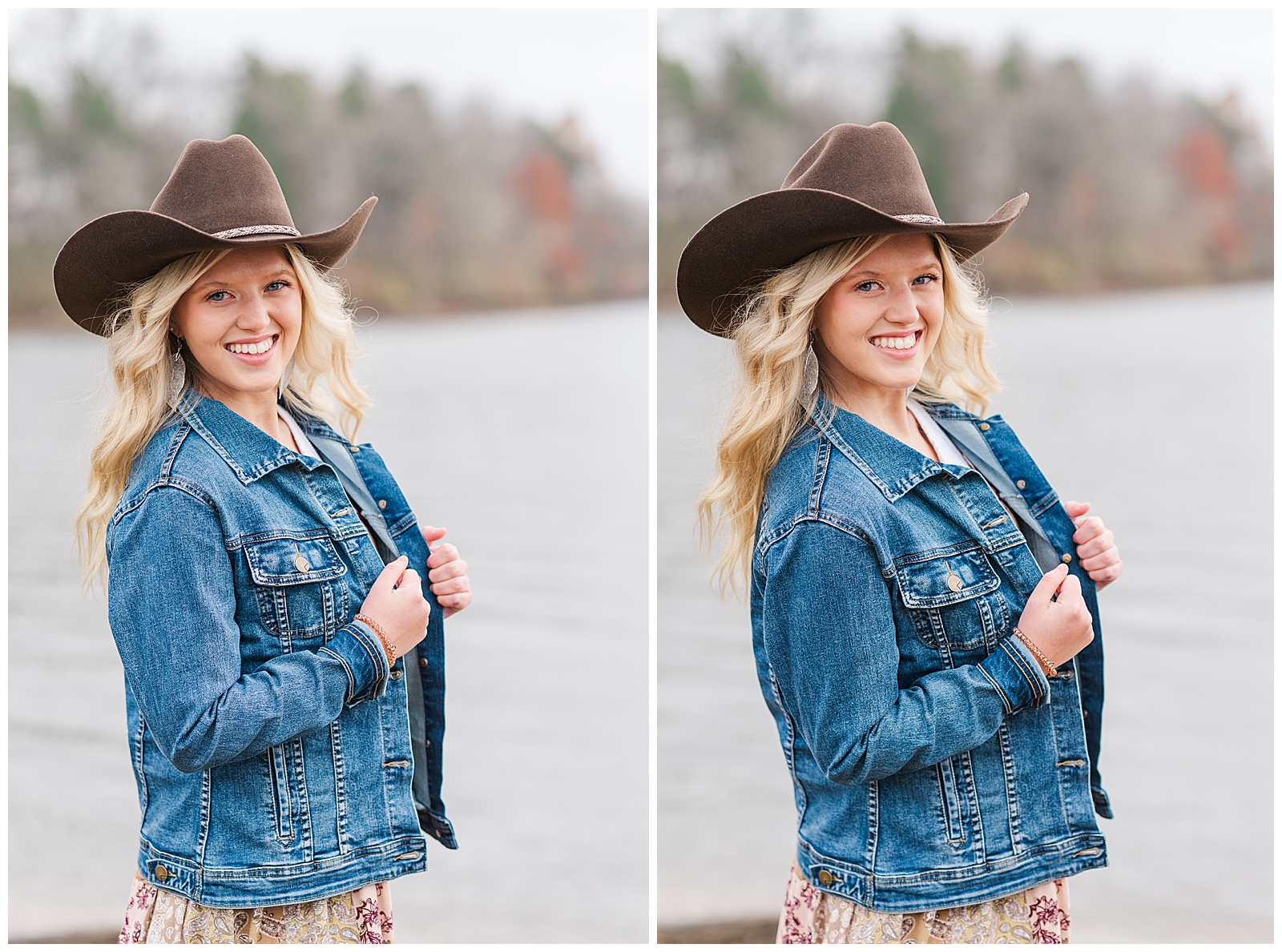 High school senior girl wearing a cowboy hat and jean jacket, at Old Hickory Lake.
