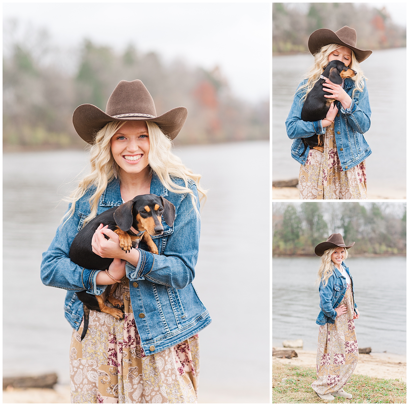 High school senior girl wearing a cowboy hat, holding her dachshund at Old Hickory Lake.
