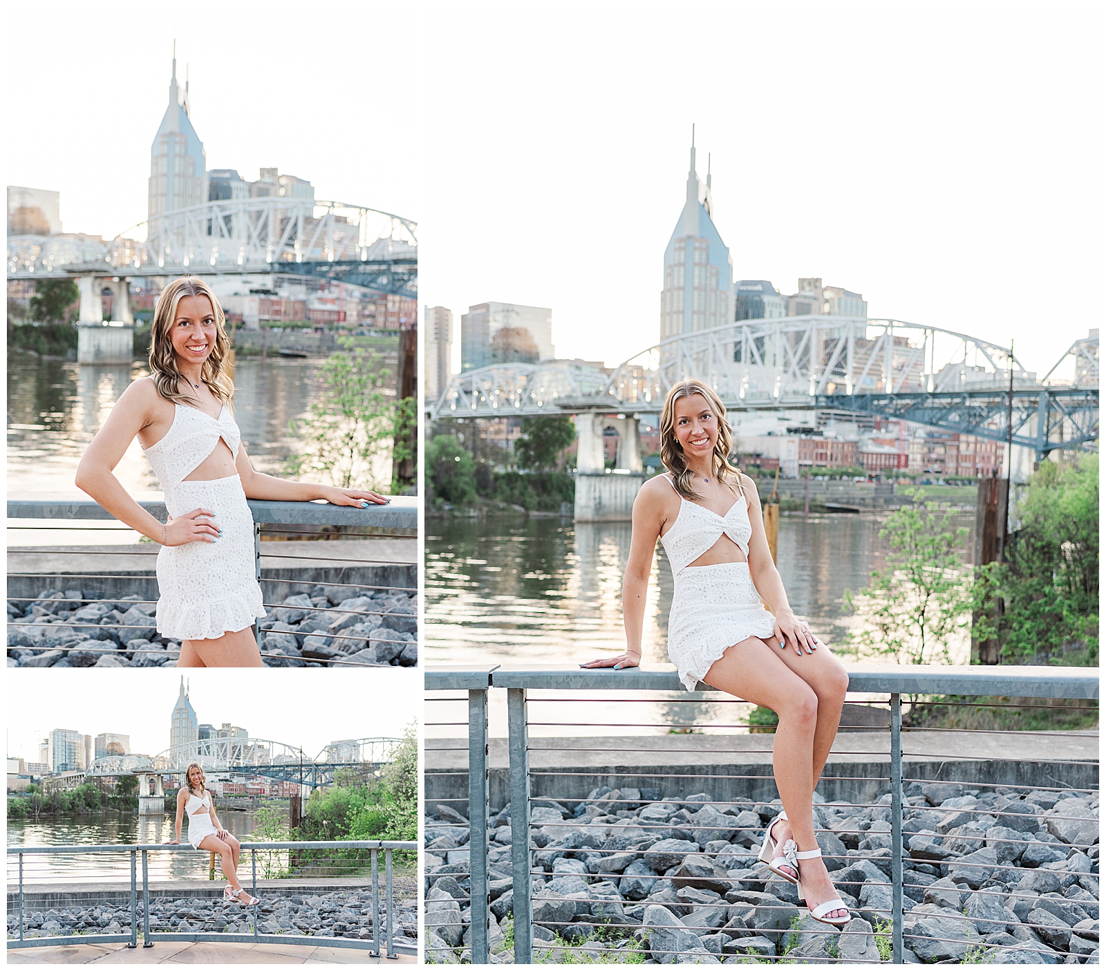 Senior girl in a white dress and white heels, at Cumberland Park, Nashville, TN