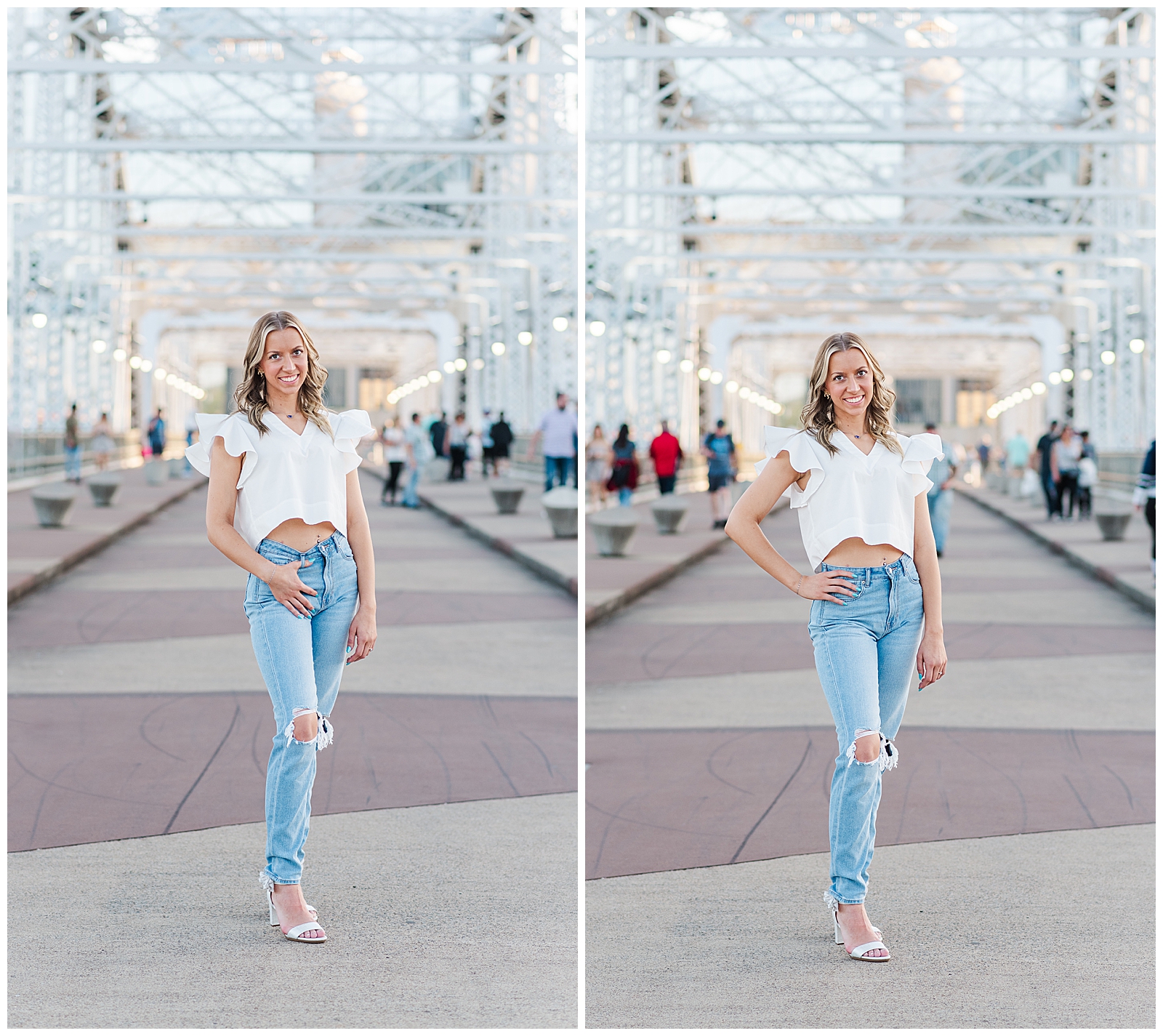 High school senior girl standing on the Nashville Pedestrian Bridge for her senior photos.