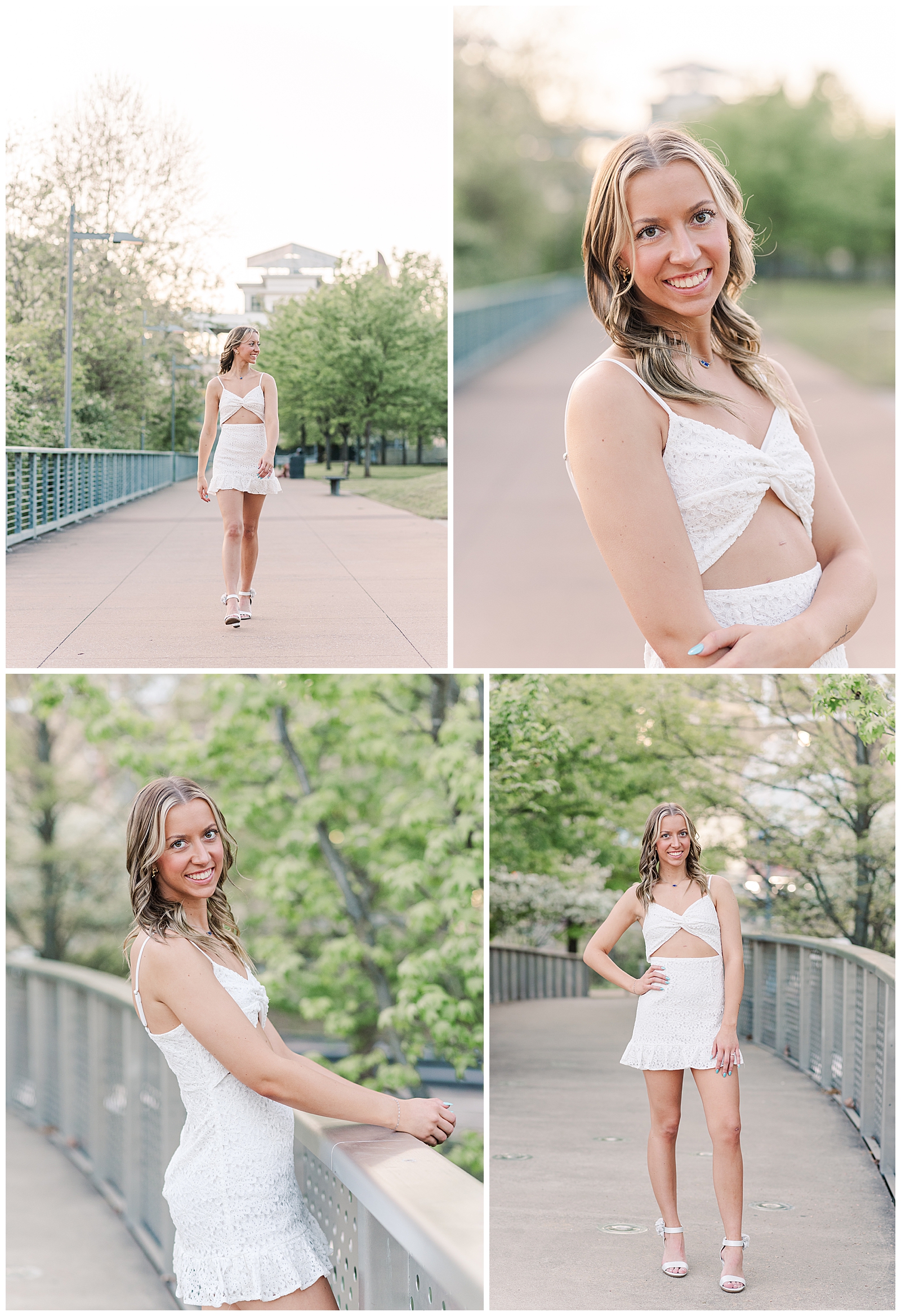 Senior girl in a white dress and white heels, at Cumberland Park, Nashville, TN